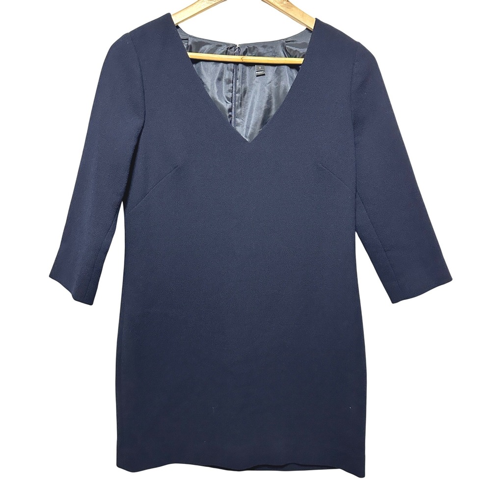 J.Crew Womens 100% Wool V-Neck Sheath Dress 3/4‎ Sleeve Size 2 Navy Blue Office